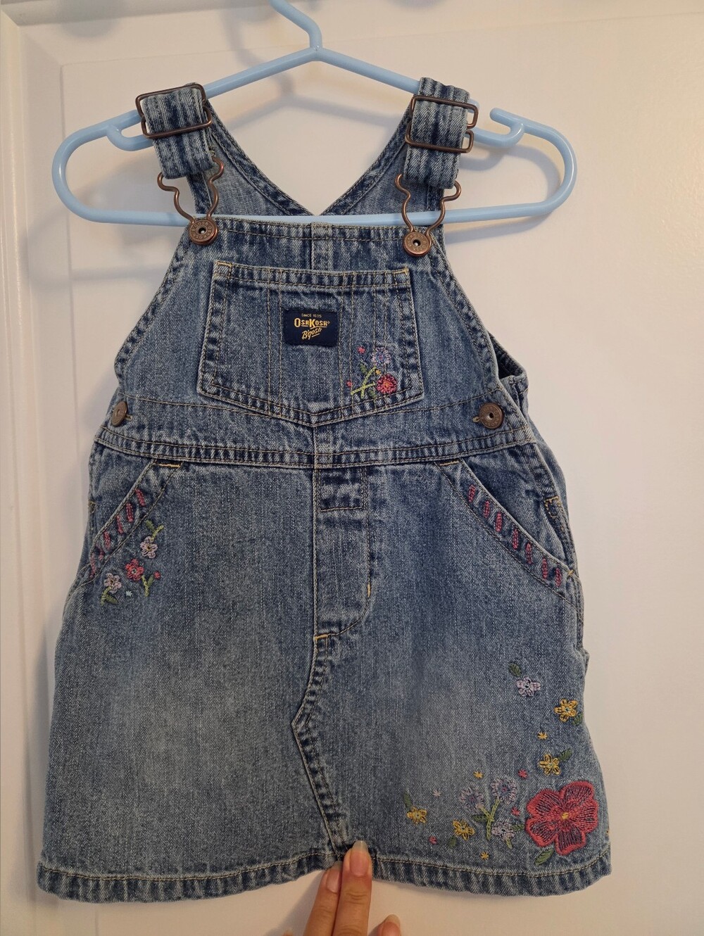 Vintage OshKosh B'gosh Blue Denim Embroidered Baby Overall Dress - 18 Months